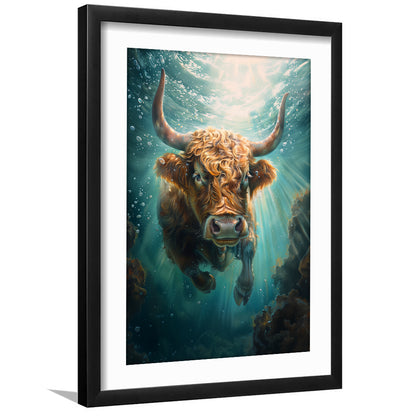 Highland Cow Underwater Watercolor Funny Art, Framed Picture Print, Framed Art Prints White Border Wall Decor