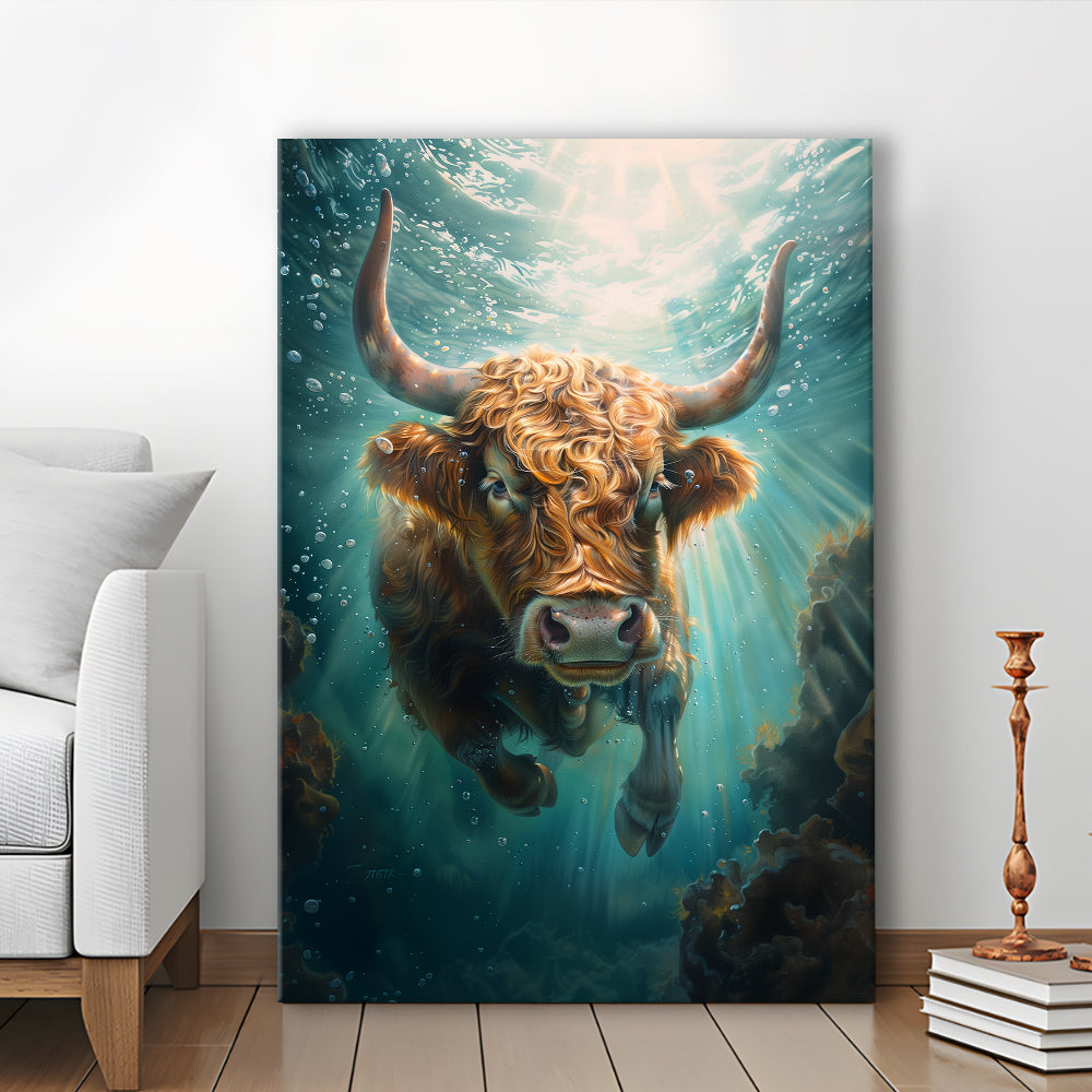 Highland Cow Underwater Watercolor Funny Art, Canvas Art Print Decor, Painting Art, Canvas Prints Wall Art
