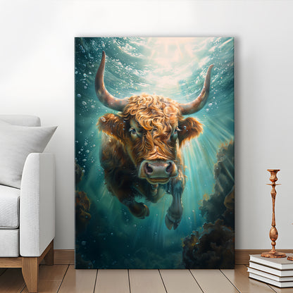 Highland Cow Underwater Watercolor Funny Art, Canvas Art Print Decor, Painting Art, Canvas Prints Wall Art