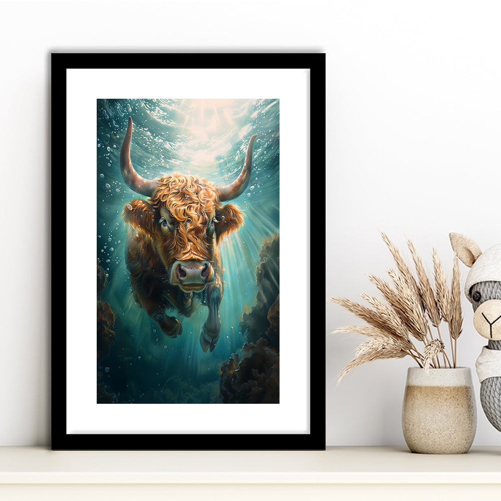 Highland Cow Underwater Watercolor Funny Art, Framed Picture Print, Framed Art Prints White Border Wall Decor