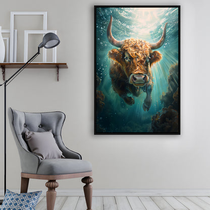 Highland Cow Underwater Watercolor Funny Art, Floating Framed Canvas Art Print,, Framed Canvas Prints Wall Art