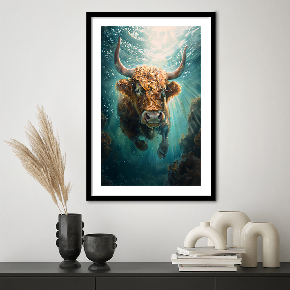 Highland Cow Underwater Watercolor Funny Art, Framed Picture Print, Framed Art Prints White Border Wall Decor