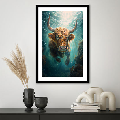 Highland Cow Underwater Watercolor Funny Art, Framed Picture Print, Framed Art Prints White Border Wall Decor