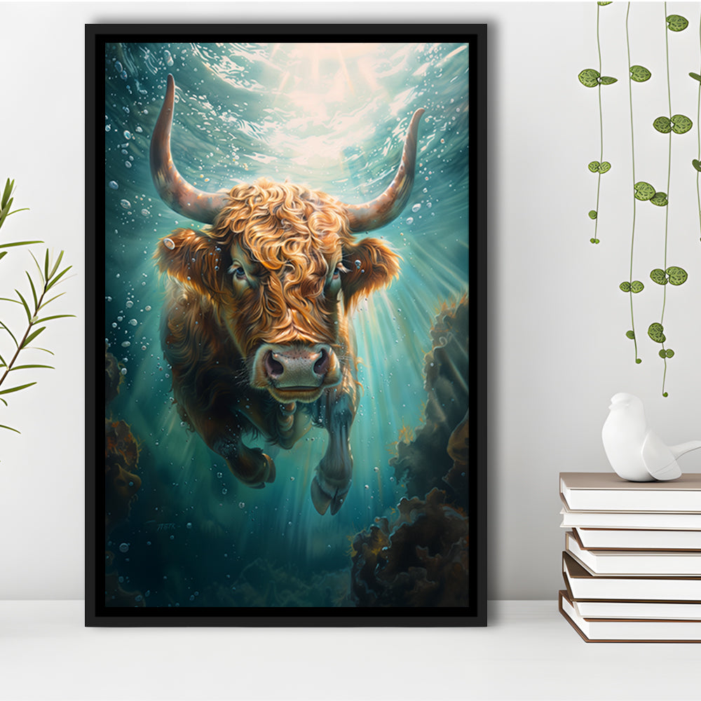 Highland Cow Underwater Watercolor Funny Art, Floating Framed Canvas Art Print,, Framed Canvas Prints Wall Art