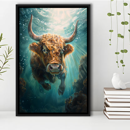 Highland Cow Underwater Watercolor Funny Art, Floating Framed Canvas Art Print,, Framed Canvas Prints Wall Art