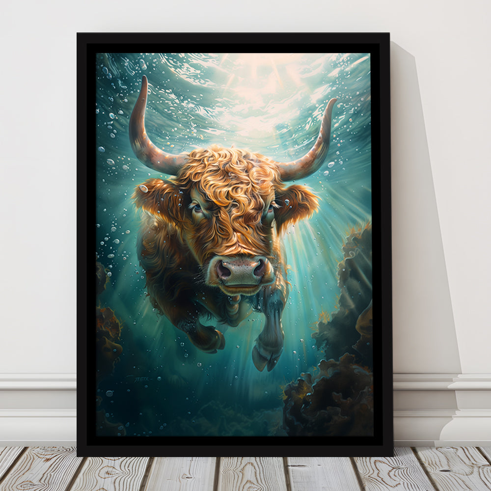 Highland Cow Underwater Watercolor Funny Art, Floating Framed Canvas Art Print,, Framed Canvas Prints Wall Art