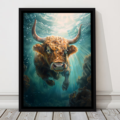 Highland Cow Underwater Watercolor Funny Art, Floating Framed Canvas Art Print,, Framed Canvas Prints Wall Art