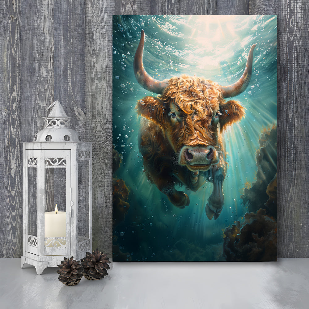 Highland Cow Underwater Watercolor Funny Art, Canvas Art Print Decor, Painting Art, Canvas Prints Wall Art