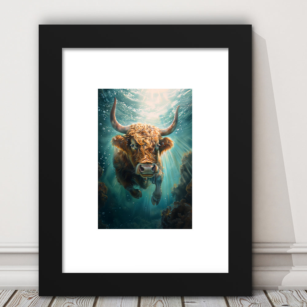 Highland Cow Underwater Watercolor Funny Art, Framed Picture Print, Framed Art Prints White Border Wall Decor