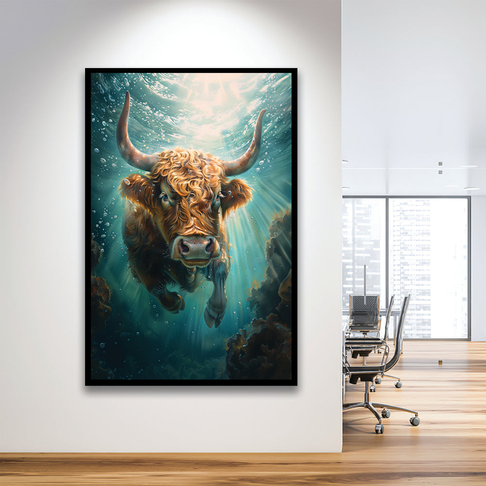 Highland Cow Underwater Watercolor Funny Art, Framed Picture Print,, Framed Art Prints Wall Decor