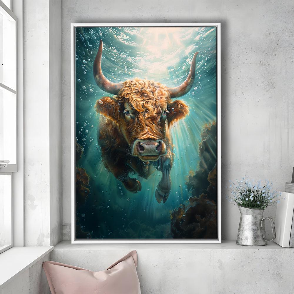 Highland Cow Underwater Watercolor Funny Art, Floating Framed Canvas Art Print,, Framed Canvas Prints Wall Art