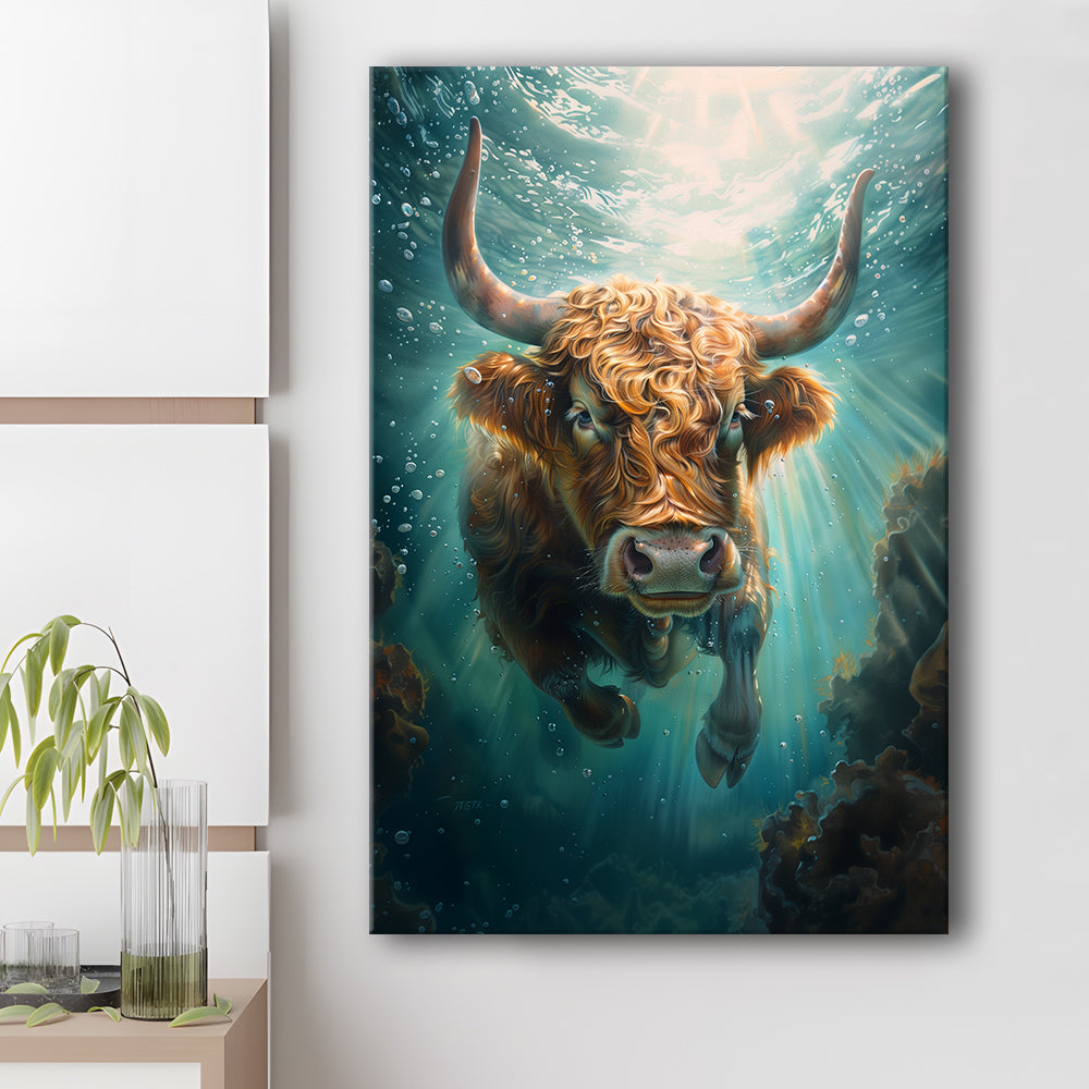 Highland Cow Underwater Watercolor Funny Art, Canvas Art Print Decor, Painting Art, Canvas Prints Wall Art