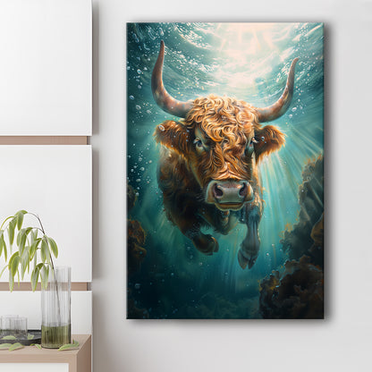 Highland Cow Underwater Watercolor Funny Art, Canvas Art Print Decor, Painting Art, Canvas Prints Wall Art