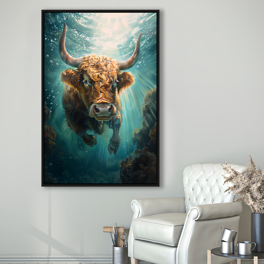 Highland Cow Underwater Watercolor Funny Art, Floating Framed Canvas Art Print,, Framed Canvas Prints Wall Art