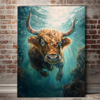 Highland Cow Underwater Watercolor Funny Art, Canvas Art Print Decor, Painting Art, Canvas Prints Wall Art