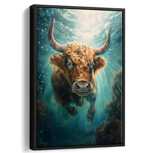 Highland Cow Underwater Watercolor Funny Art, Floating Framed Canvas Art Print,, Framed Canvas Prints Wall Art