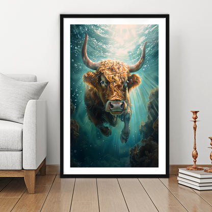 Highland Cow Underwater Watercolor Funny Art, Framed Picture Print, Framed Art Prints White Border Wall Decor