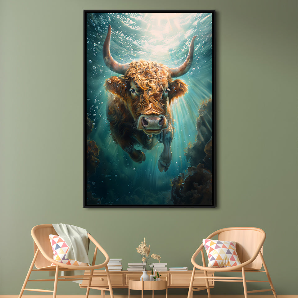 Highland Cow Underwater Watercolor Funny Art, Floating Framed Canvas Art Print,, Framed Canvas Prints Wall Art