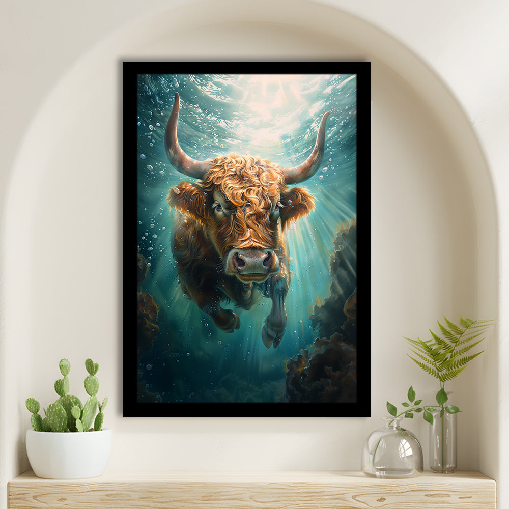 Highland Cow Underwater Watercolor Funny Art, Framed Picture Print,, Framed Art Prints Wall Decor