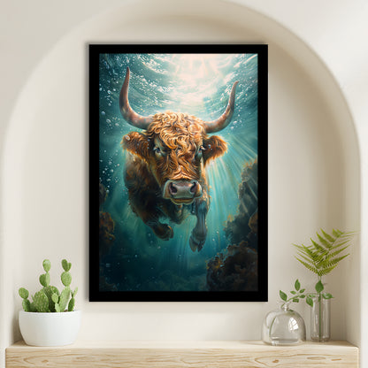 Highland Cow Underwater Watercolor Funny Art, Framed Picture Print,, Framed Art Prints Wall Decor