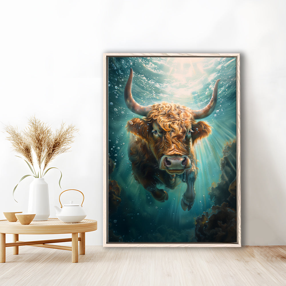 Highland Cow Underwater Watercolor Funny Art, Floating Framed Canvas Art Print,, Framed Canvas Prints Wall Art