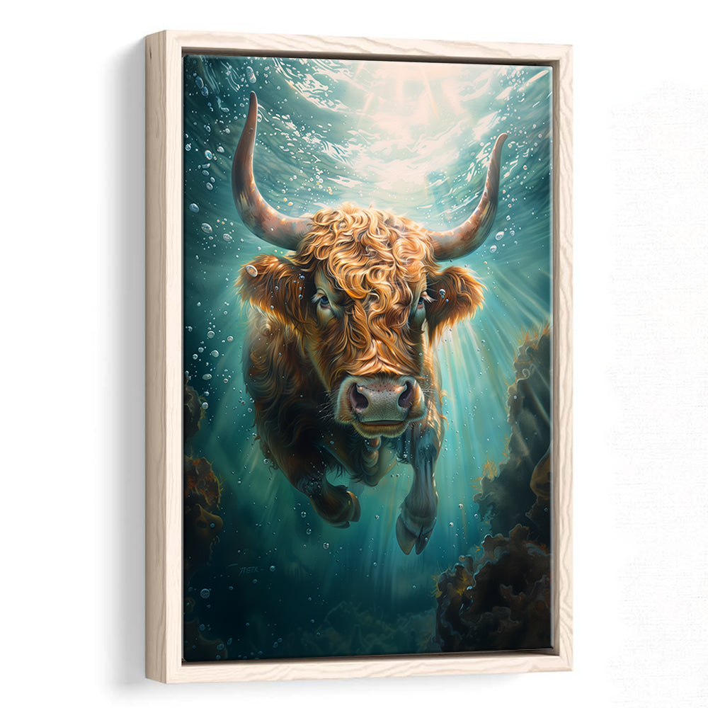 Highland Cow Underwater Watercolor Funny Art, Floating Framed Canvas Art Print,, Framed Canvas Prints Wall Art