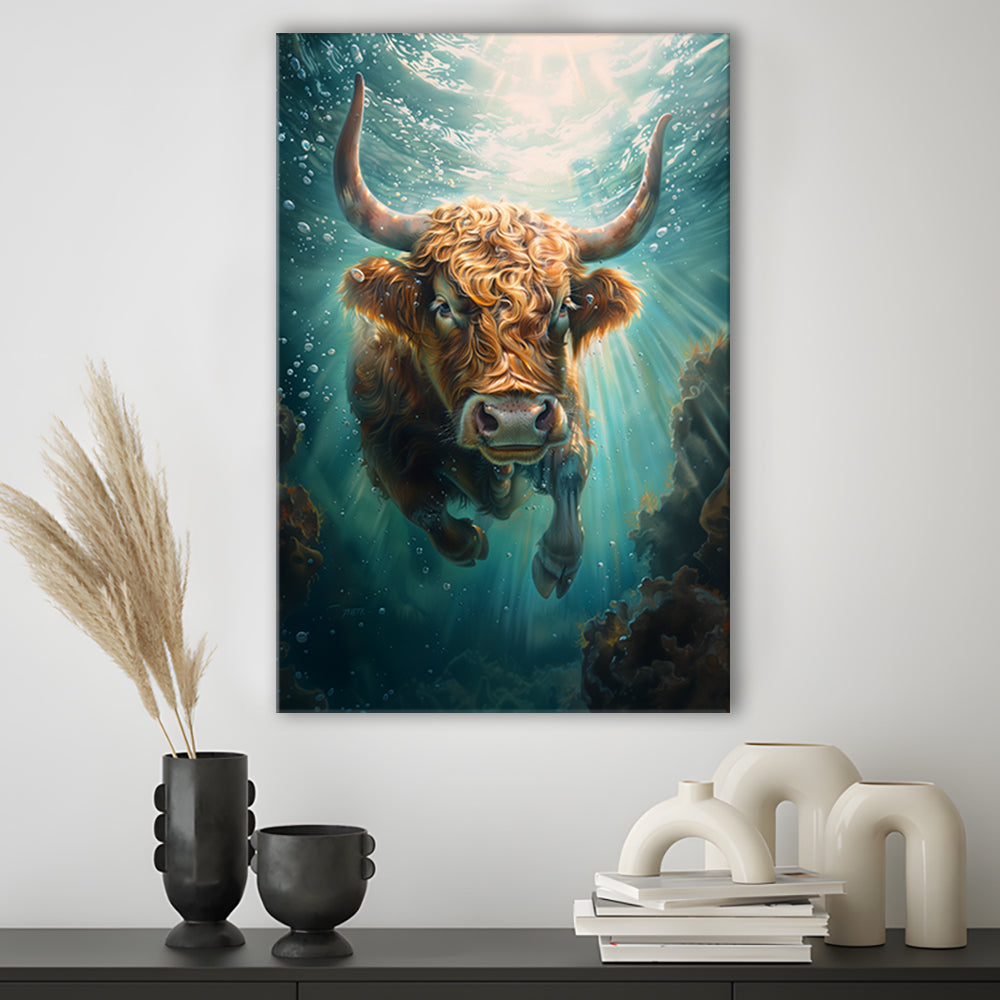 Highland Cow Underwater Watercolor Funny Art, Canvas Art Print Decor, Painting Art, Canvas Prints Wall Art