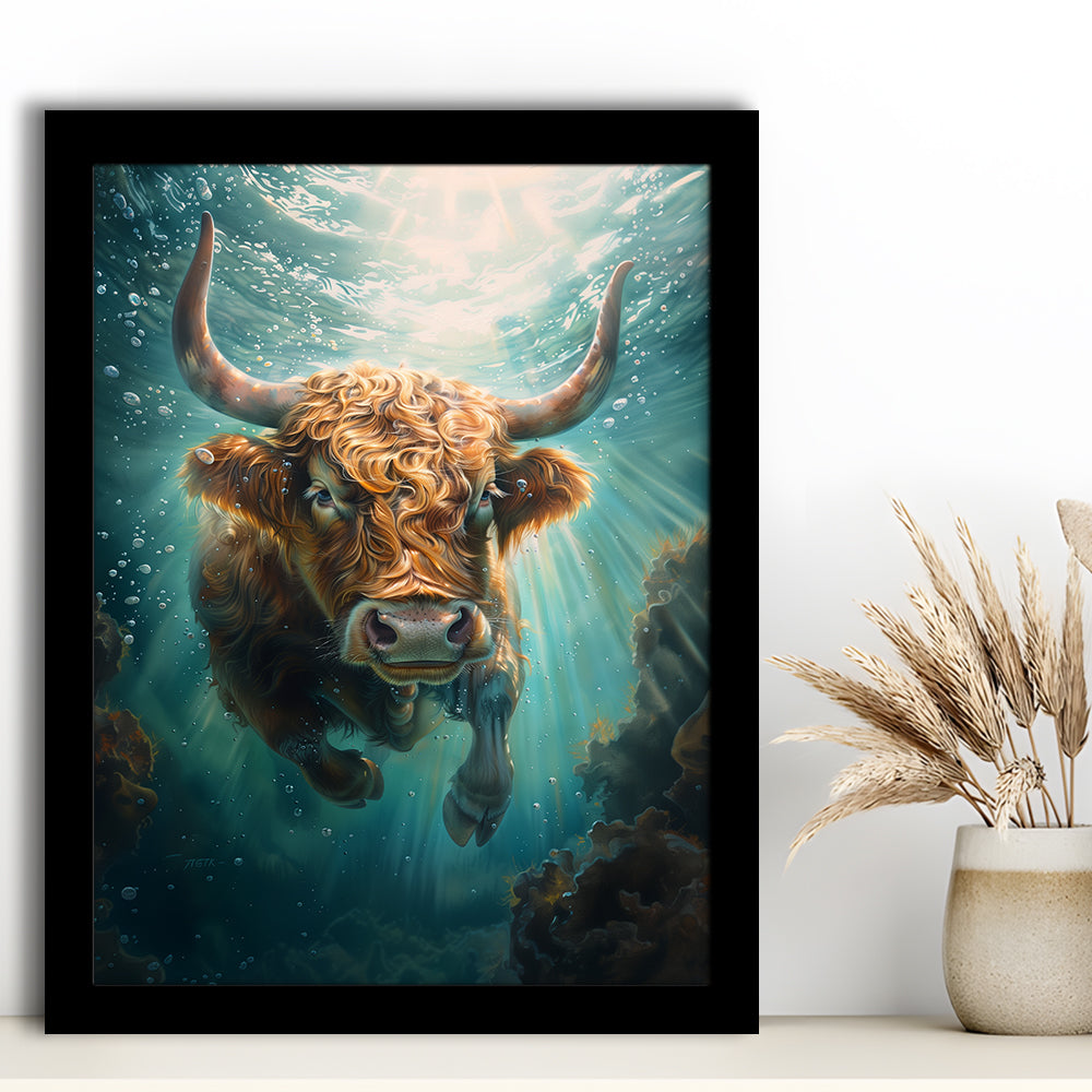 Highland Cow Underwater Watercolor Funny Art, Framed Picture Print,, Framed Art Prints Wall Decor
