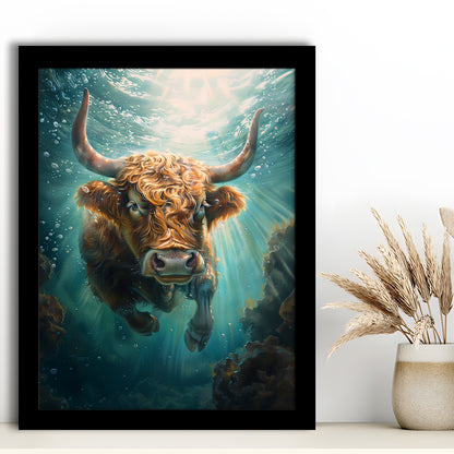 Highland Cow Underwater Watercolor Funny Art, Framed Picture Print,, Framed Art Prints Wall Decor