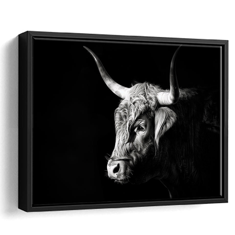 Highland Cow With Longhorn Portrait Left, Framed Canvas Painting, Framed Canvas Prints Wall Art Decor