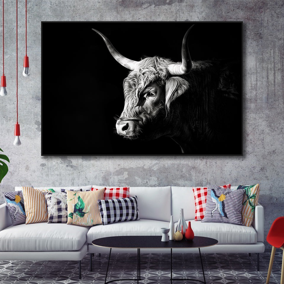 Highland Cow With Longhorn Portrait Left, Framed Canvas Painting, Framed Canvas Prints Wall Art Decor