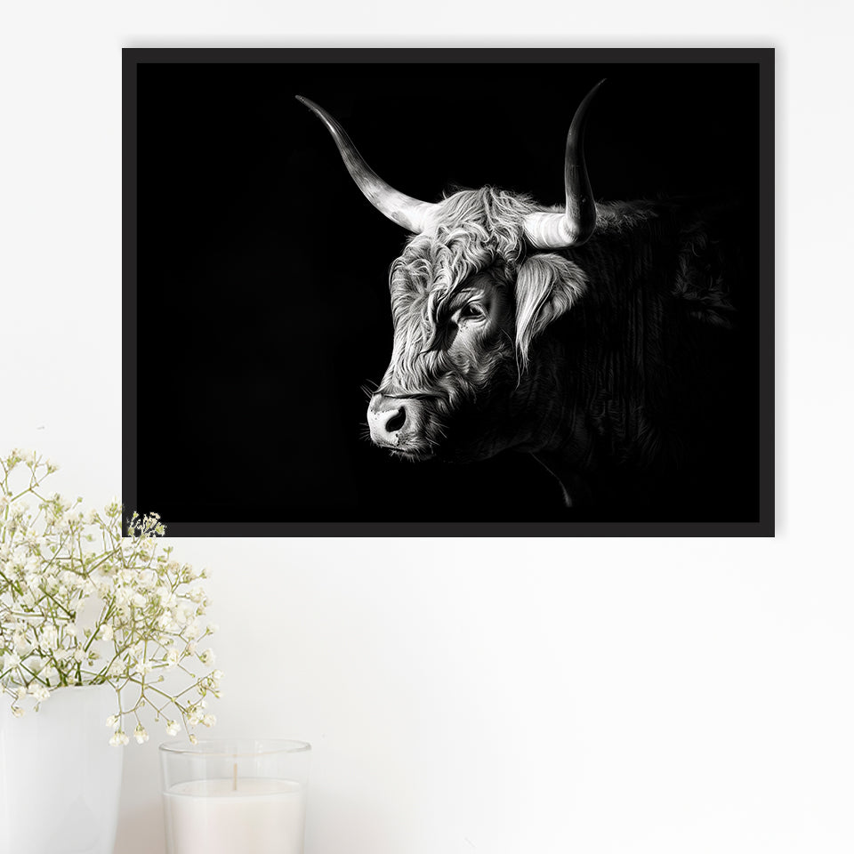 Highland Cow With Longhorn Portrait Left, Framed Canvas Painting, Framed Canvas Prints Wall Art Decor