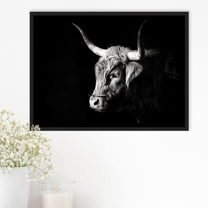 Highland Cow With Longhorn Portrait Left, Framed Canvas Painting, Framed Canvas Prints Wall Art Decor