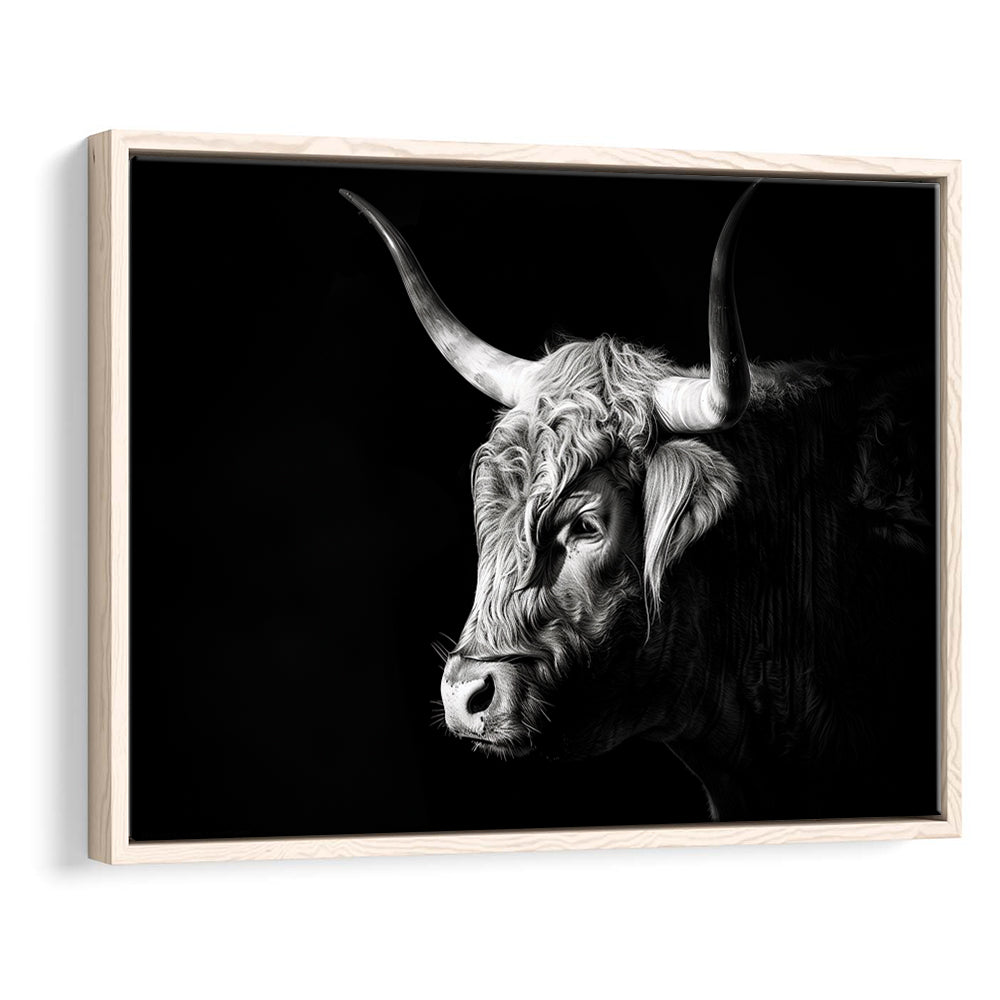 Highland Cow With Longhorn Portrait Left, Framed Canvas Painting, Framed Canvas Prints Wall Art Decor