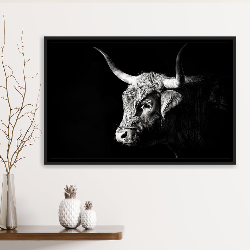 Highland Cow With Longhorn Portrait Left, Framed Canvas Painting, Framed Canvas Prints Wall Art Decor