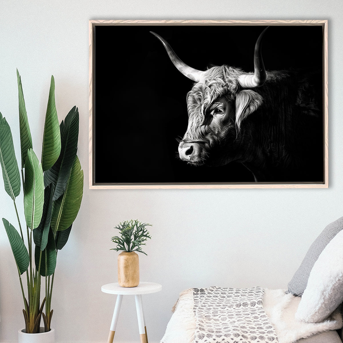 Highland Cow With Longhorn Portrait Left, Framed Canvas Painting, Framed Canvas Prints Wall Art Decor
