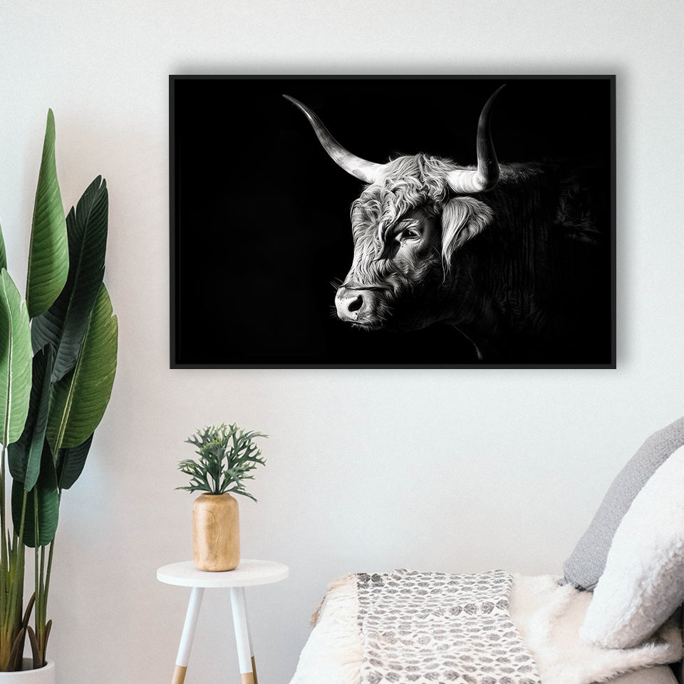 Highland Cow With Longhorn Portrait Left, Framed Canvas Painting, Framed Canvas Prints Wall Art Decor