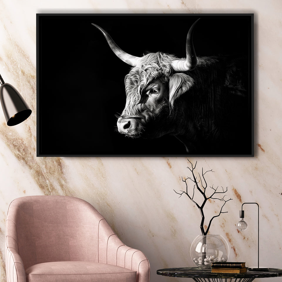 Highland Cow With Longhorn Portrait Left, Framed Canvas Painting, Framed Canvas Prints Wall Art Decor