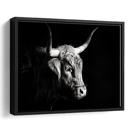 Highland Cow With Longhorn Portrait Right V2, Framed Canvas Painting, Framed Canvas Prints Wall Art Decor