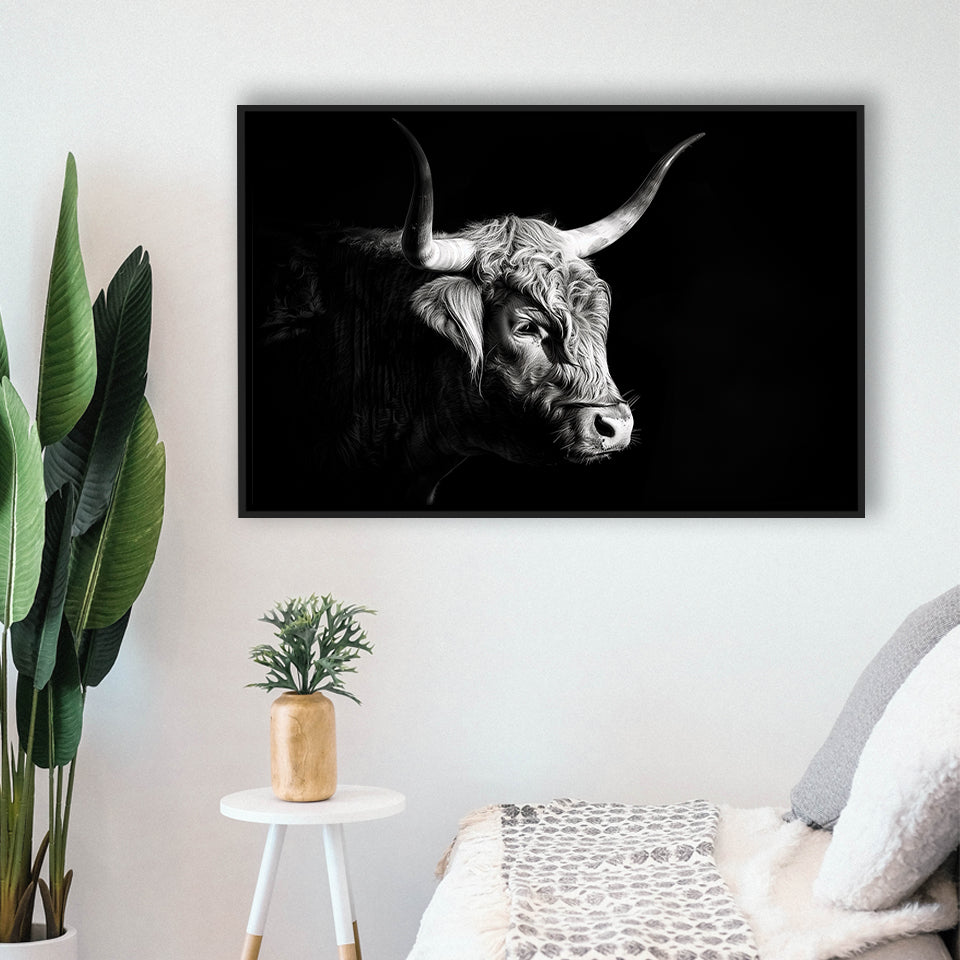 Highland Cow With Longhorn Portrait Right V2, Framed Canvas Painting, Framed Canvas Prints Wall Art Decor
