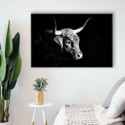 Highland Cow With Longhorn Portrait Right V2, Framed Canvas Painting, Framed Canvas Prints Wall Art Decor