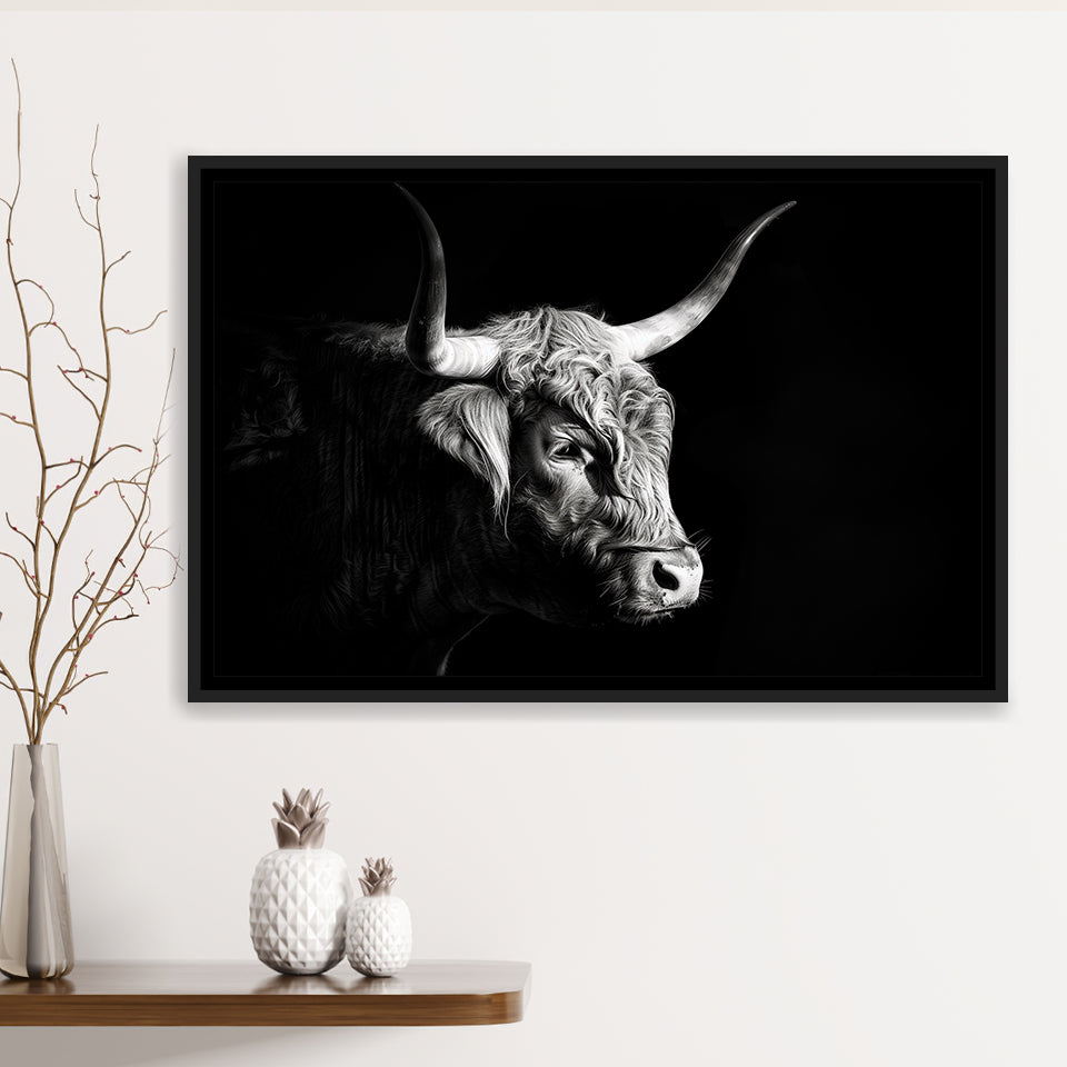 Highland Cow With Longhorn Portrait Right V2, Framed Canvas Painting, Framed Canvas Prints Wall Art Decor