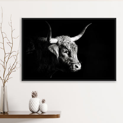 Highland Cow With Longhorn Portrait Right V2, Framed Canvas Painting, Framed Canvas Prints Wall Art Decor