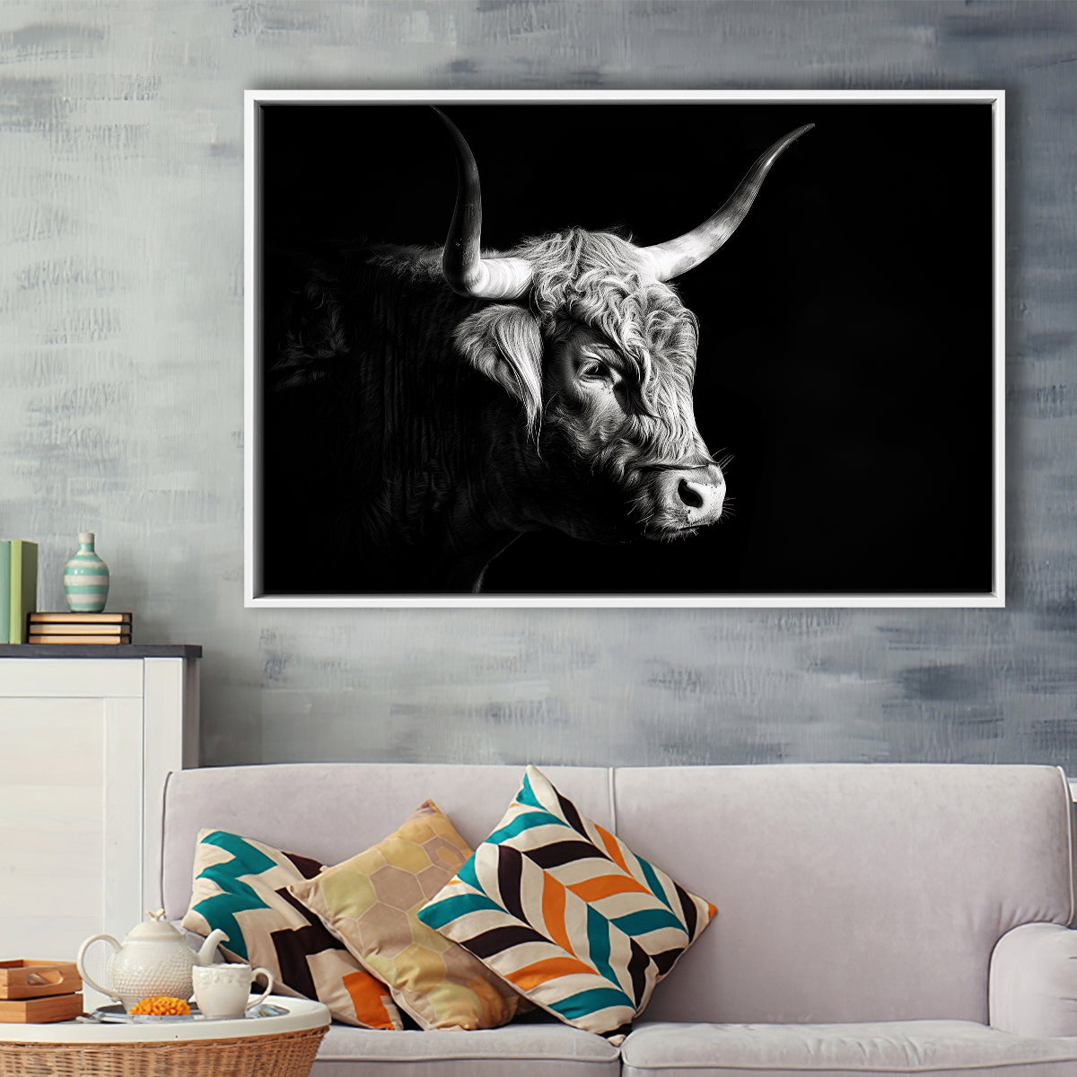 Highland Cow With Longhorn Portrait Right V2, Framed Canvas Painting, Framed Canvas Prints Wall Art Decor