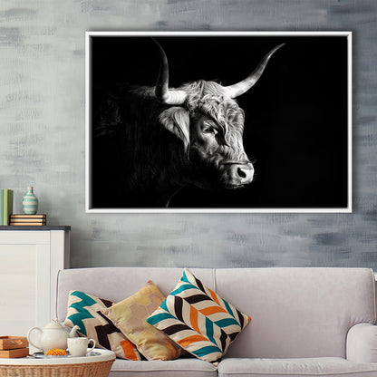 Highland Cow With Longhorn Portrait Right V2, Framed Canvas Painting, Framed Canvas Prints Wall Art Decor