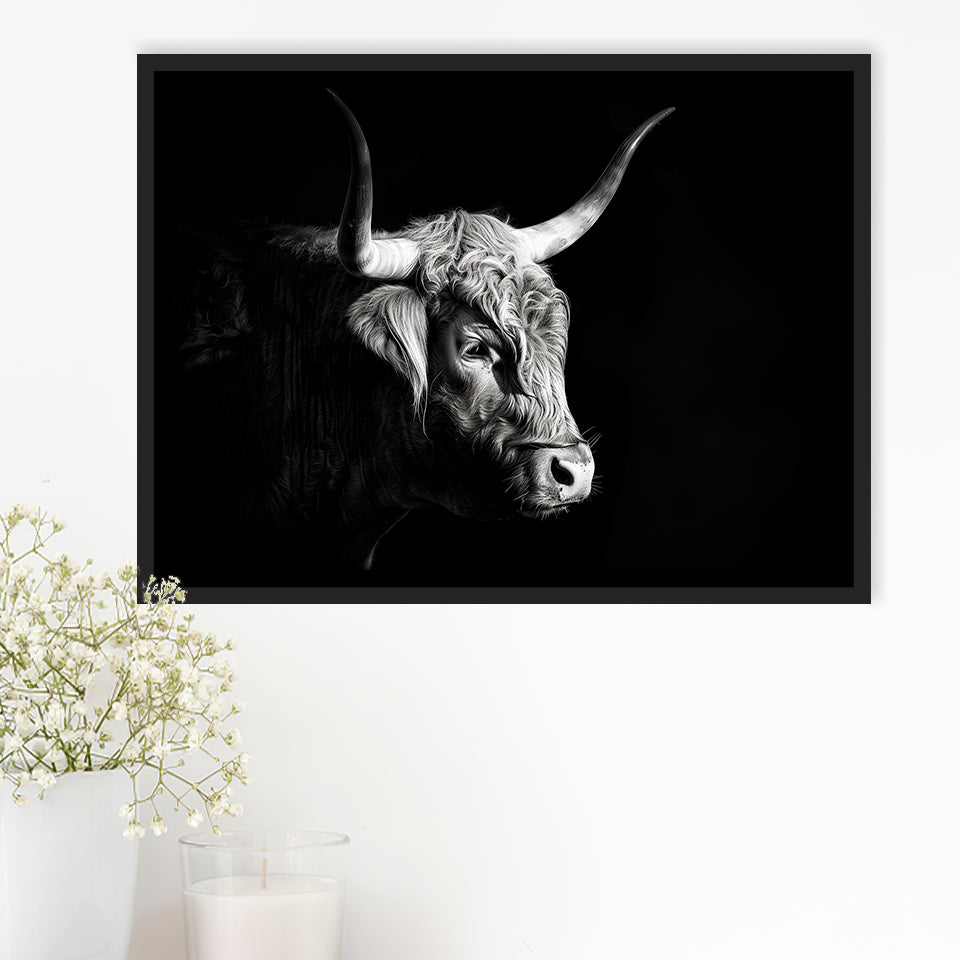 Highland Cow With Longhorn Portrait Right V2, Framed Canvas Painting, Framed Canvas Prints Wall Art Decor