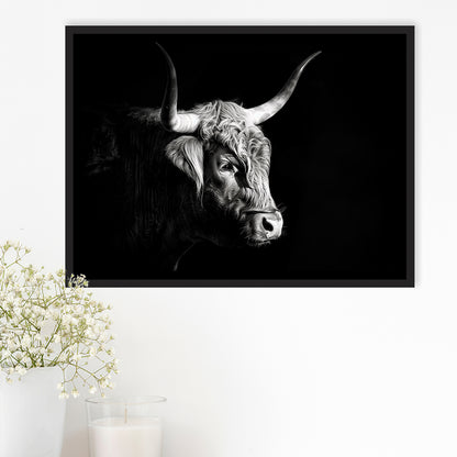 Highland Cow With Longhorn Portrait Right V2, Framed Canvas Painting, Framed Canvas Prints Wall Art Decor