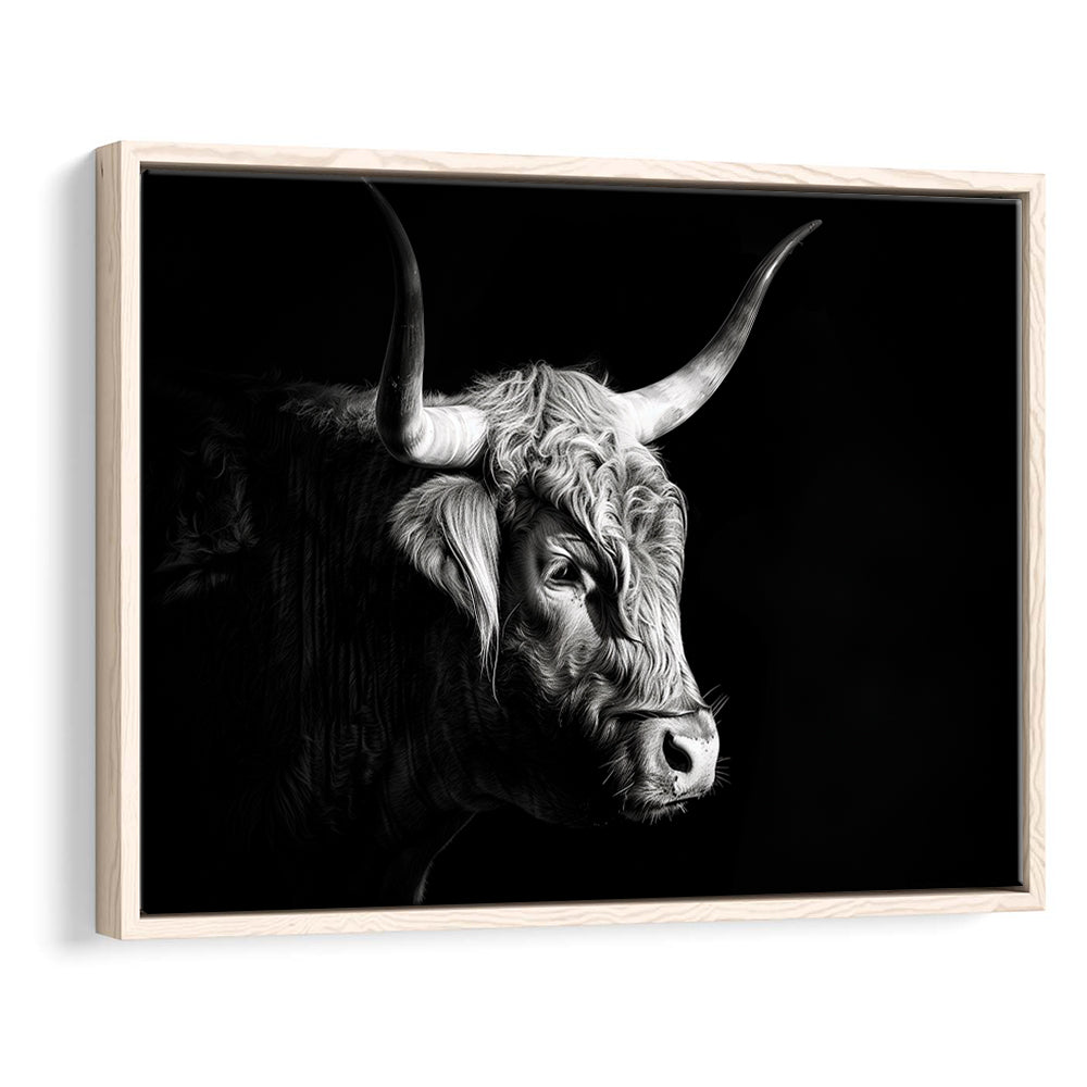 Highland Cow With Longhorn Portrait Right V2, Framed Canvas Painting, Framed Canvas Prints Wall Art Decor