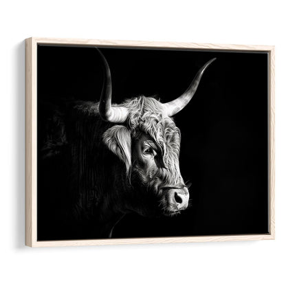 Highland Cow With Longhorn Portrait Right V2, Framed Canvas Painting, Framed Canvas Prints Wall Art Decor