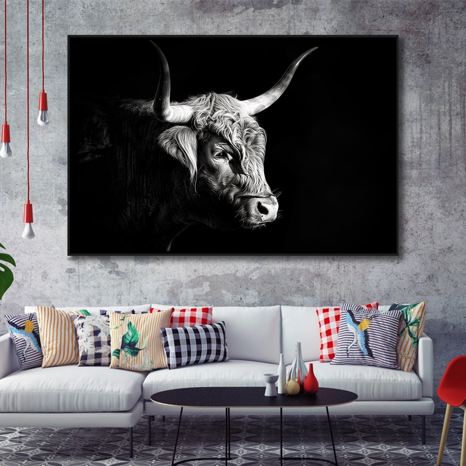 Highland Cow With Longhorn Portrait Right V2, Framed Canvas Painting, Framed Canvas Prints Wall Art Decor